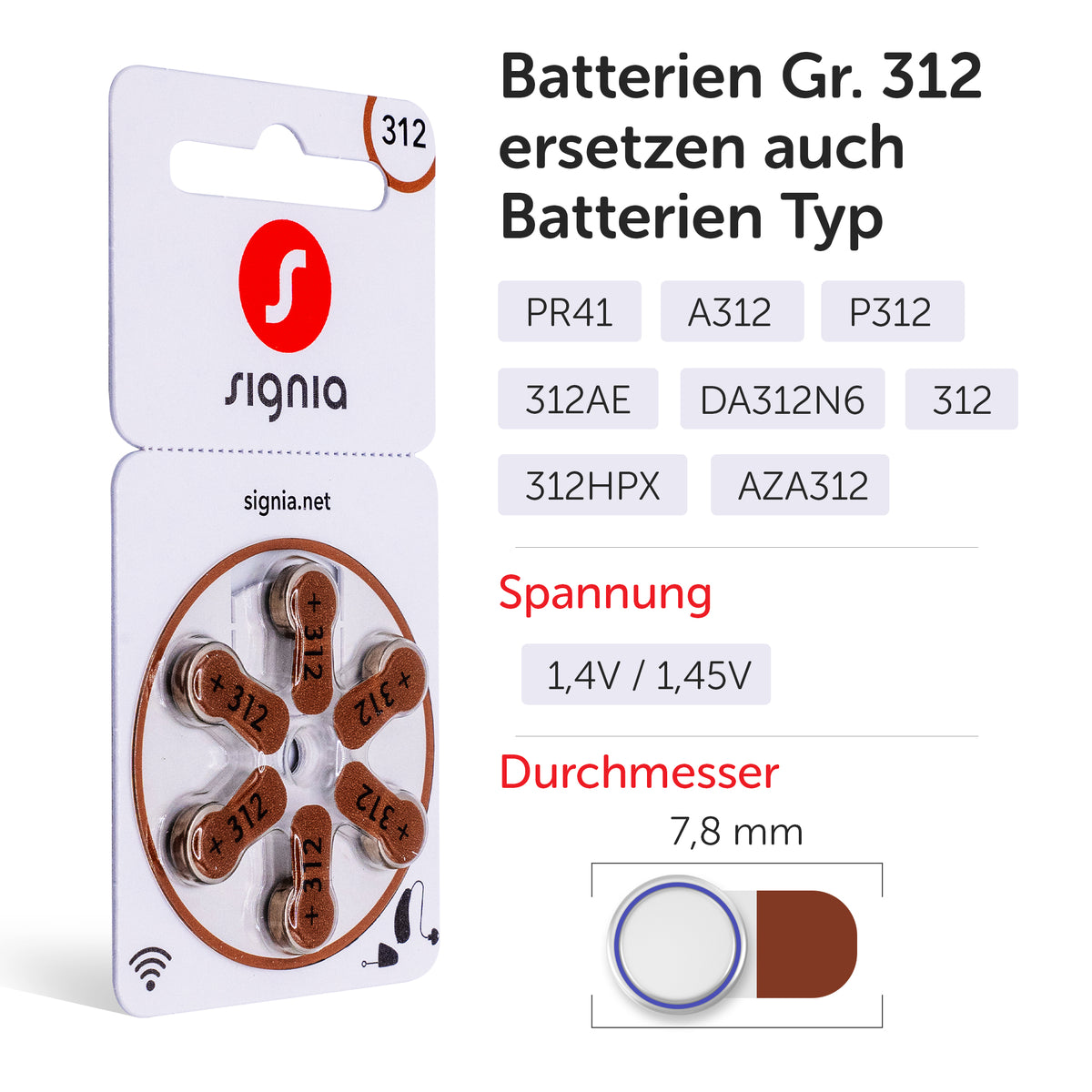 Siemens-Signia Hörgerätebatterien Typ 312 – 30er Packung